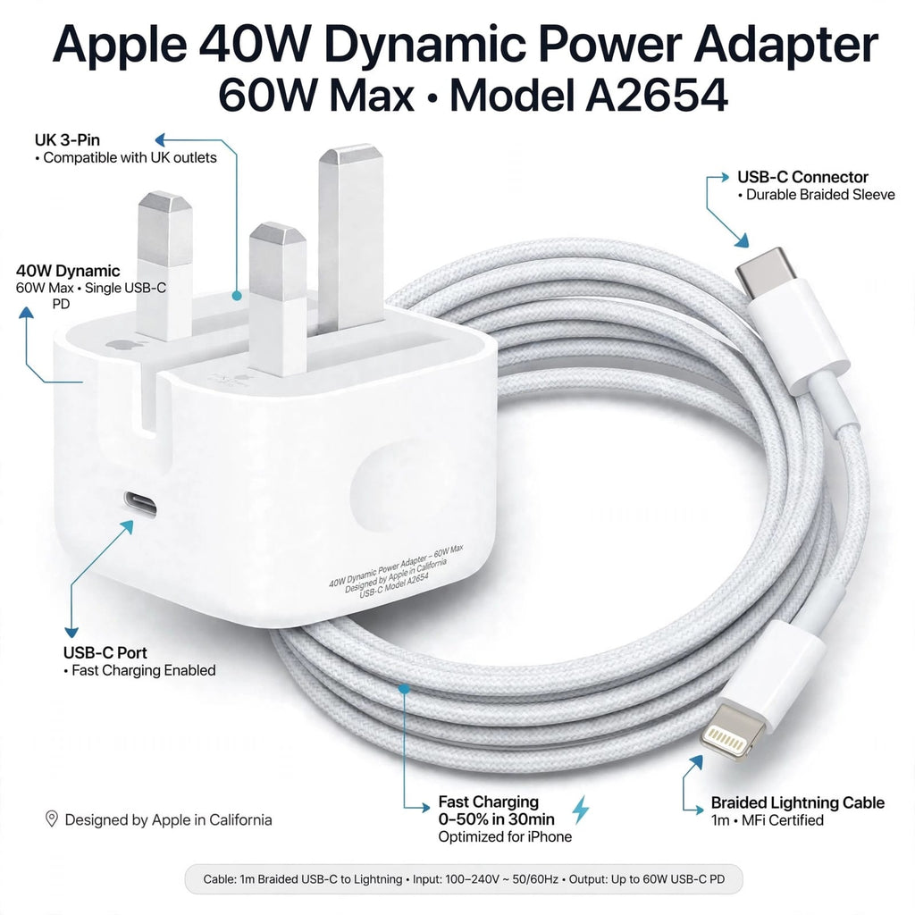Apple 40W Dynamic Power Adapter with 60W Max + USB-C to Lightning Cable 1m