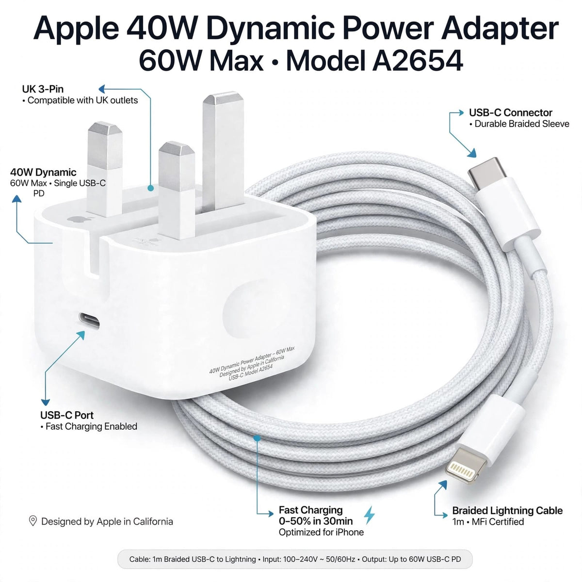Apple 40W Dynamic Power Adapter with 60W Max + USB-C to Lightning Cable 1m
